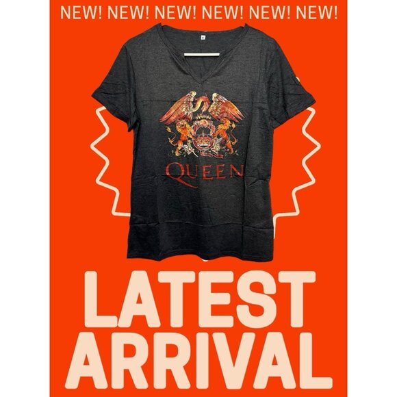 Women’s Queen Official Heather Grey Logo Crest V-Neck  T-Shirt  Size L - Picture 1 of 4